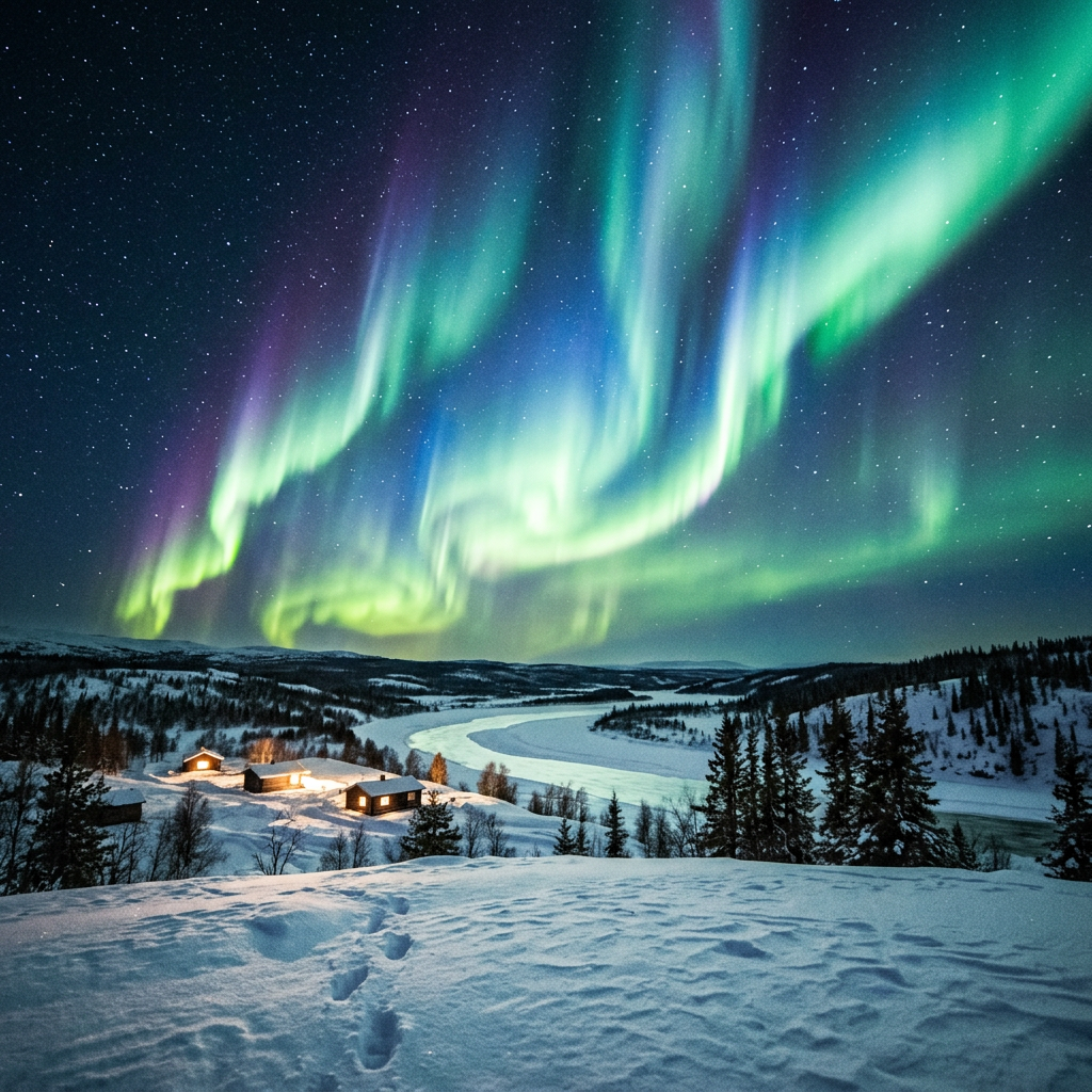 Colorful northern lights glowing above snowy terrain and small cabins